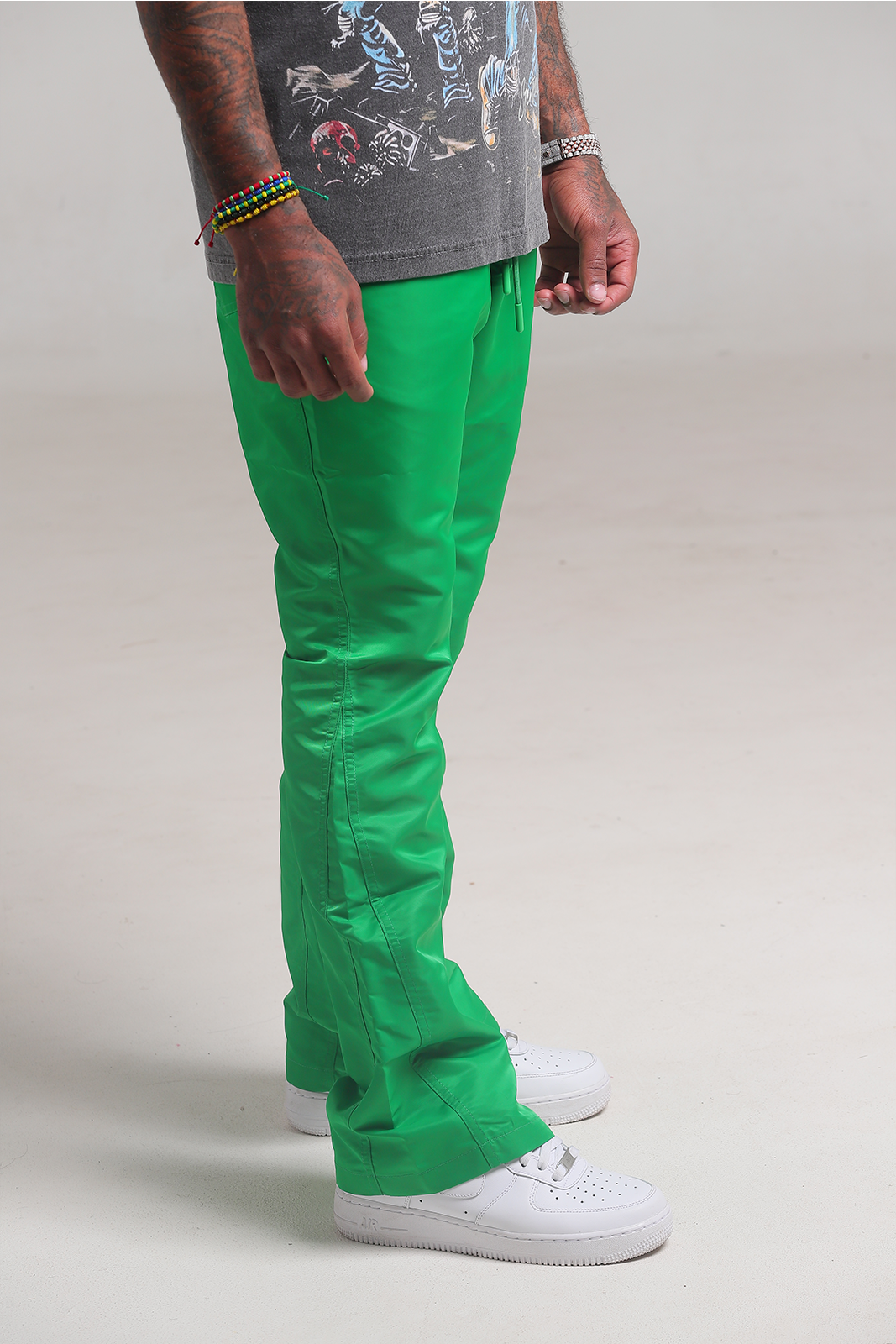 Green 6 Panel Flared Nylon Pants