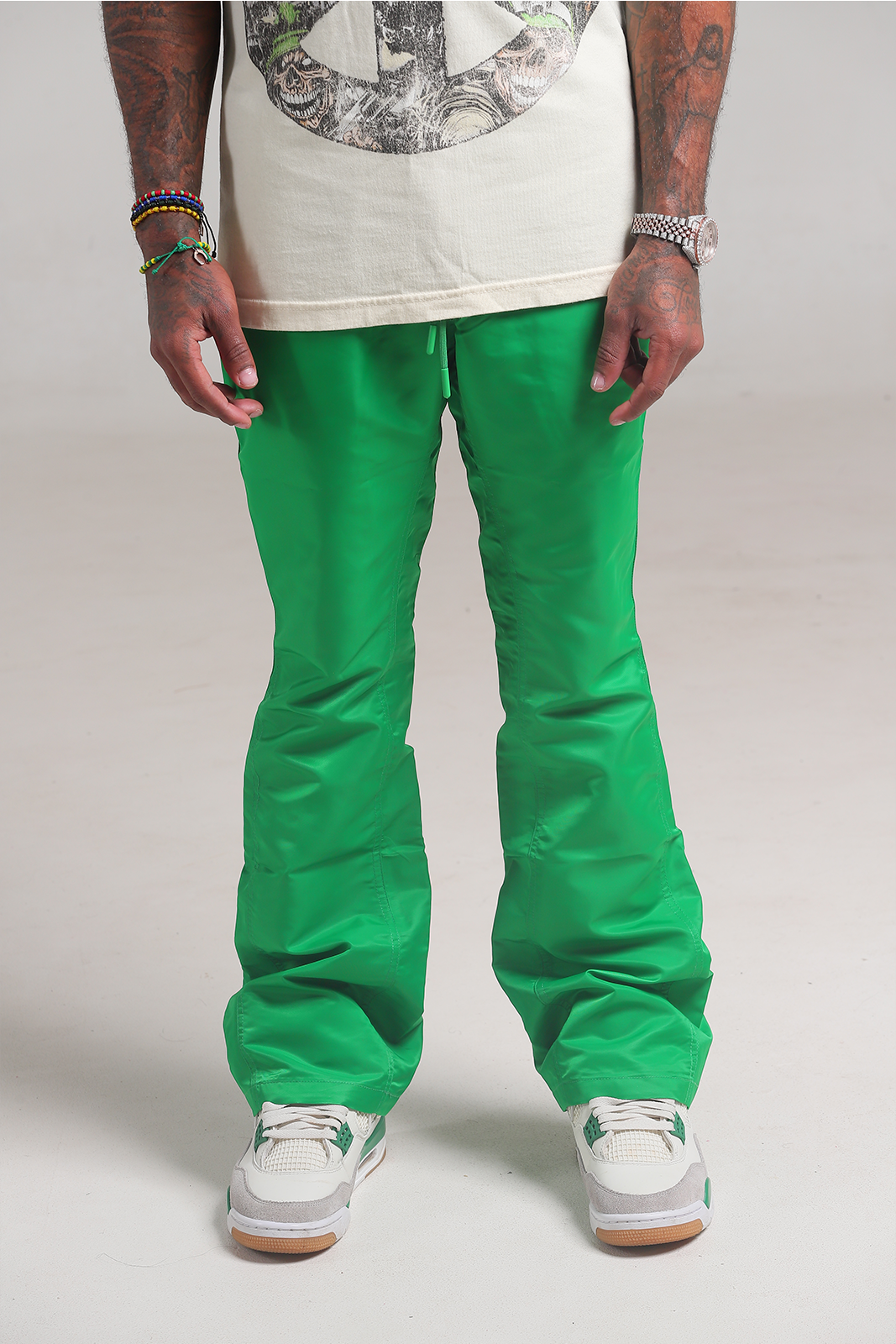 Green 6 Panel Flared Nylon Pants