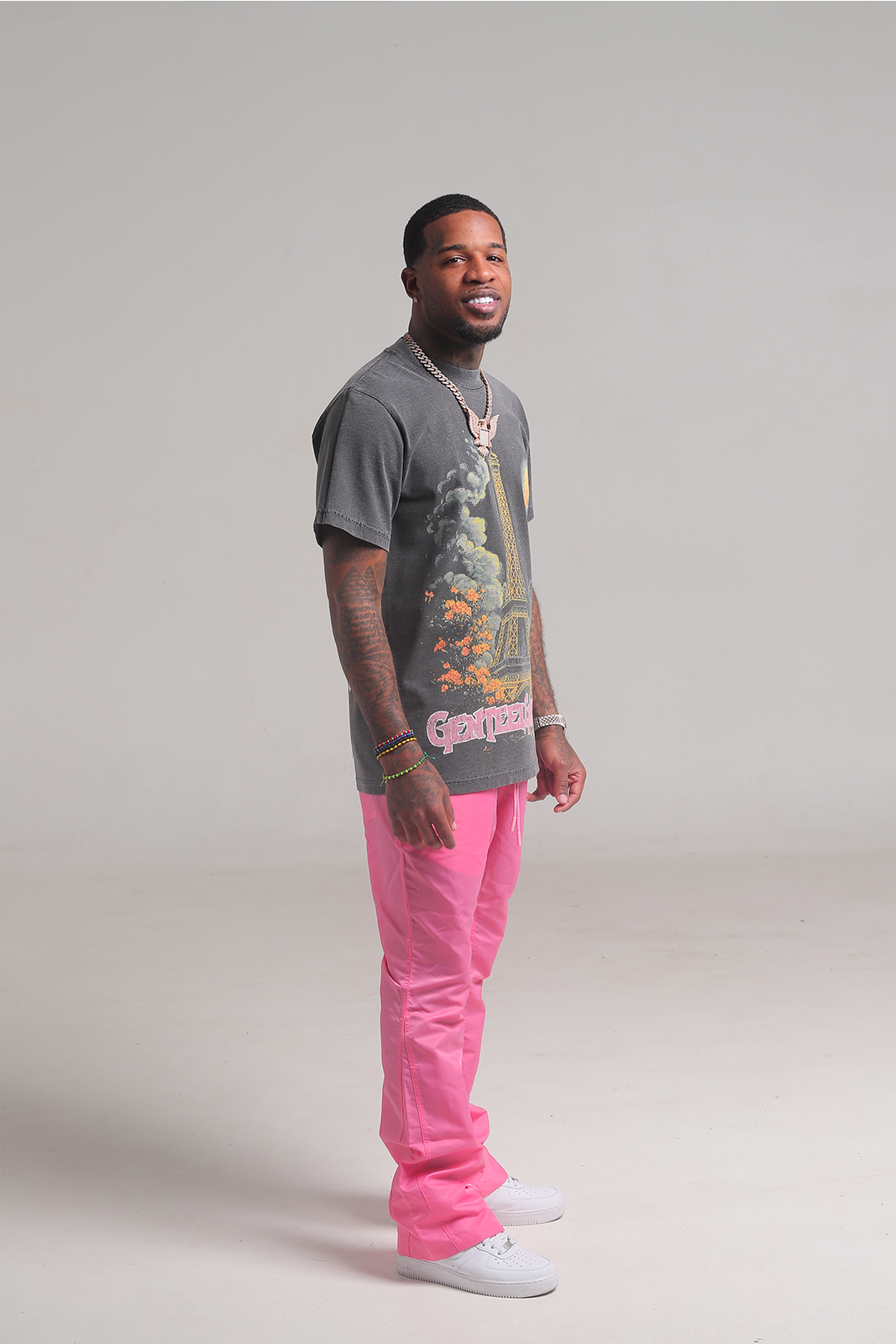 Light Pink 6 Panel Flared Nylon Pants