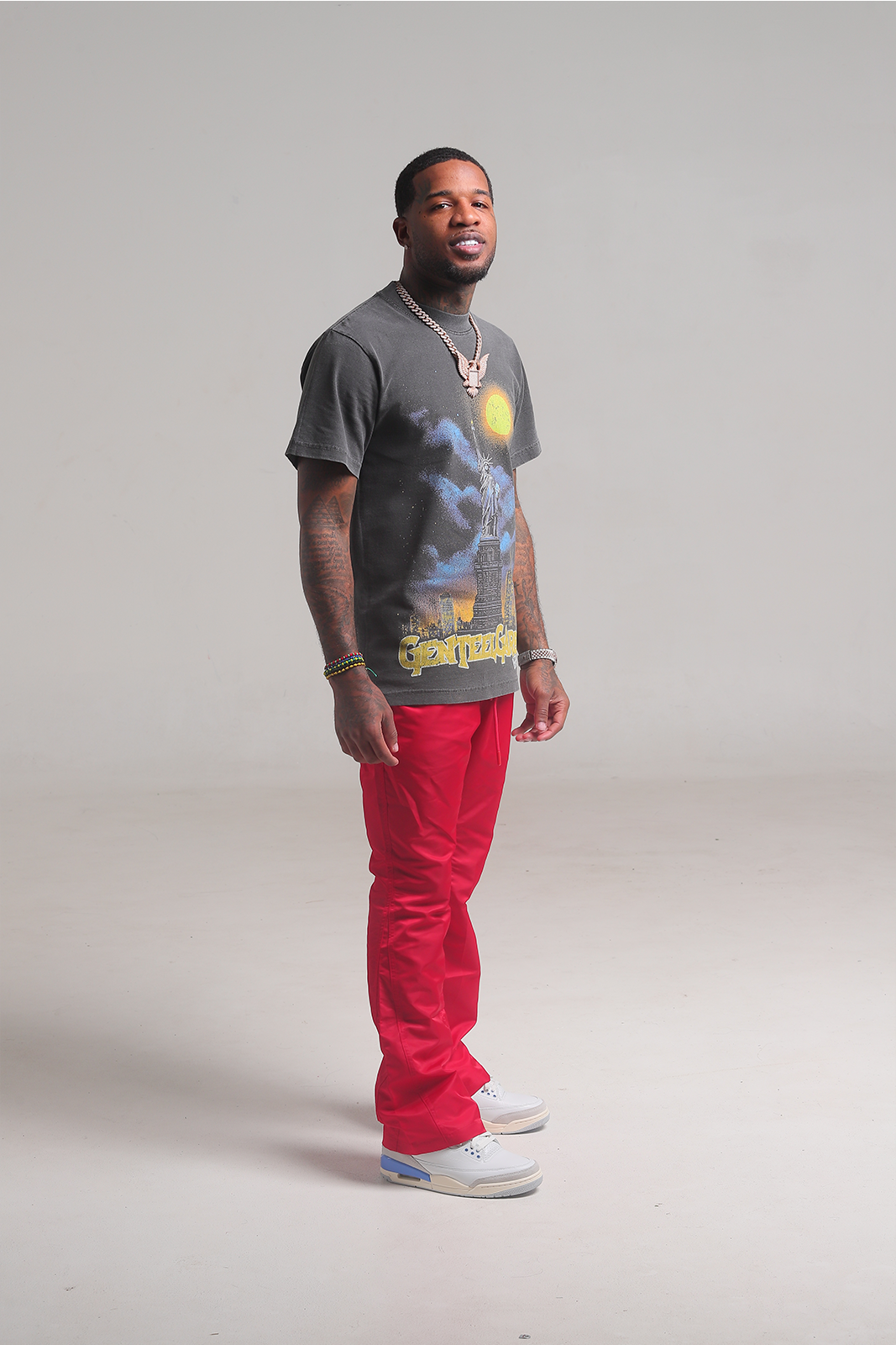 Red 6 Panel Flared Nylon Pants