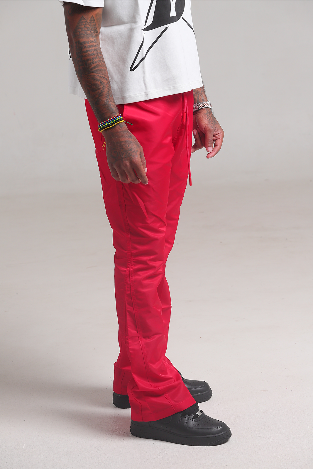 Red 6 Panel Flared Nylon Pants