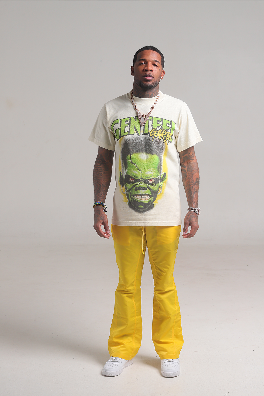 Yellow 6 Panel Flared Nylon Pants