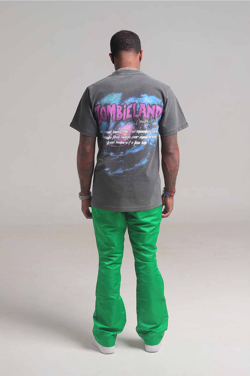 Green 6 Panel Flared Nylon Pants