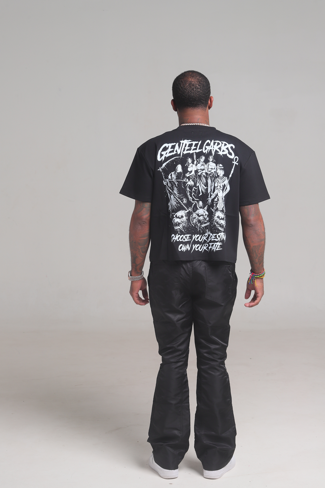 Black 6 Panel Flared Nylon Pants