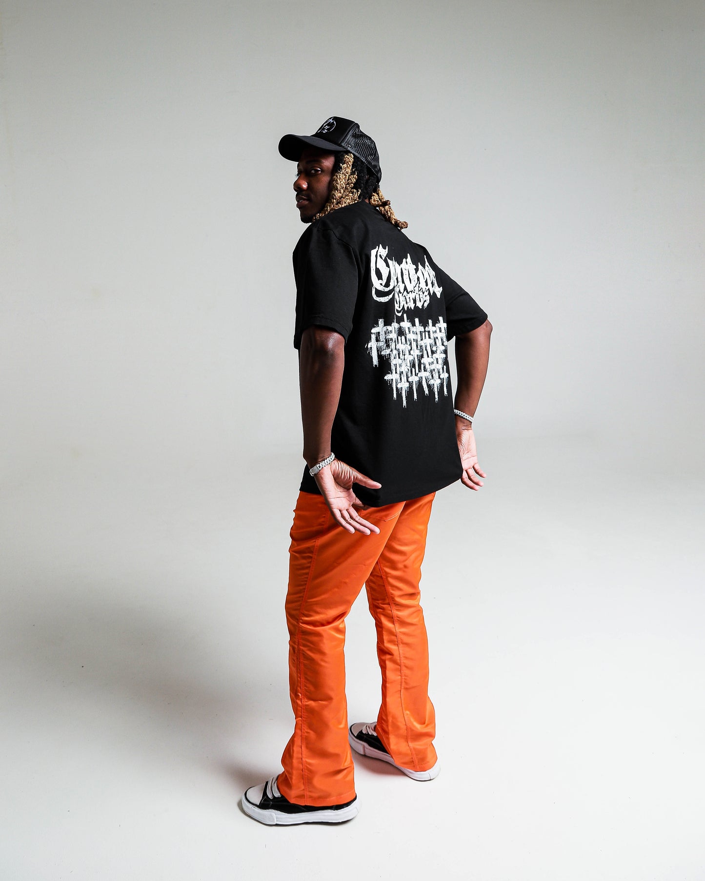 Orange 6 Panel Flared Nylon Pants